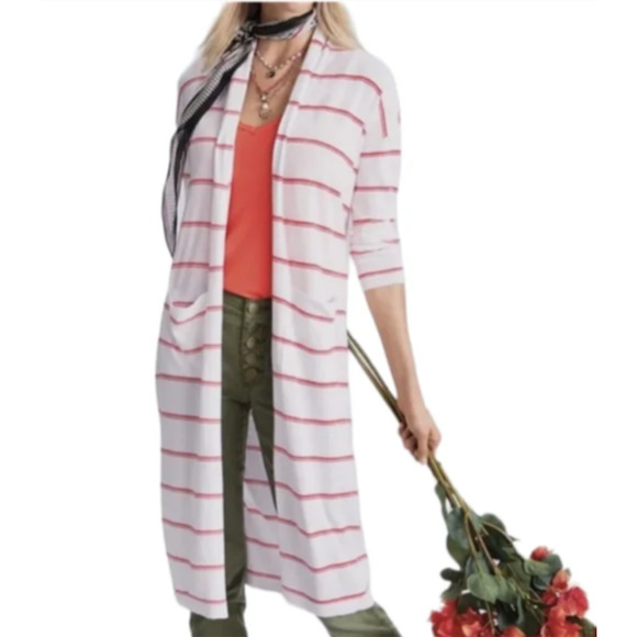 CAbi Stroll Long Cardigan Sweater Duster orange Stripe Size M, front pockets - Picture 1 of 8